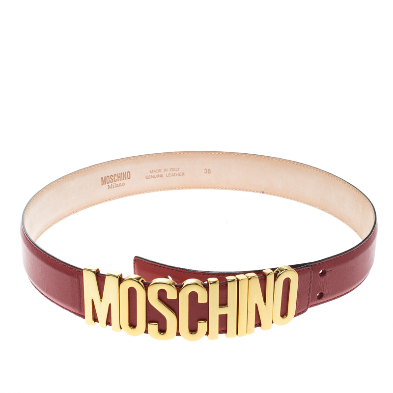 Pre Owned Moschino Red Leather Logo Belt 90 CM