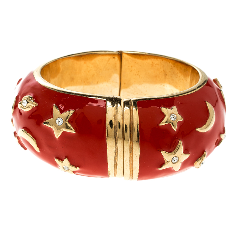 Moschino Red Enamel Moon and Stars Wide Bangle Bracelet