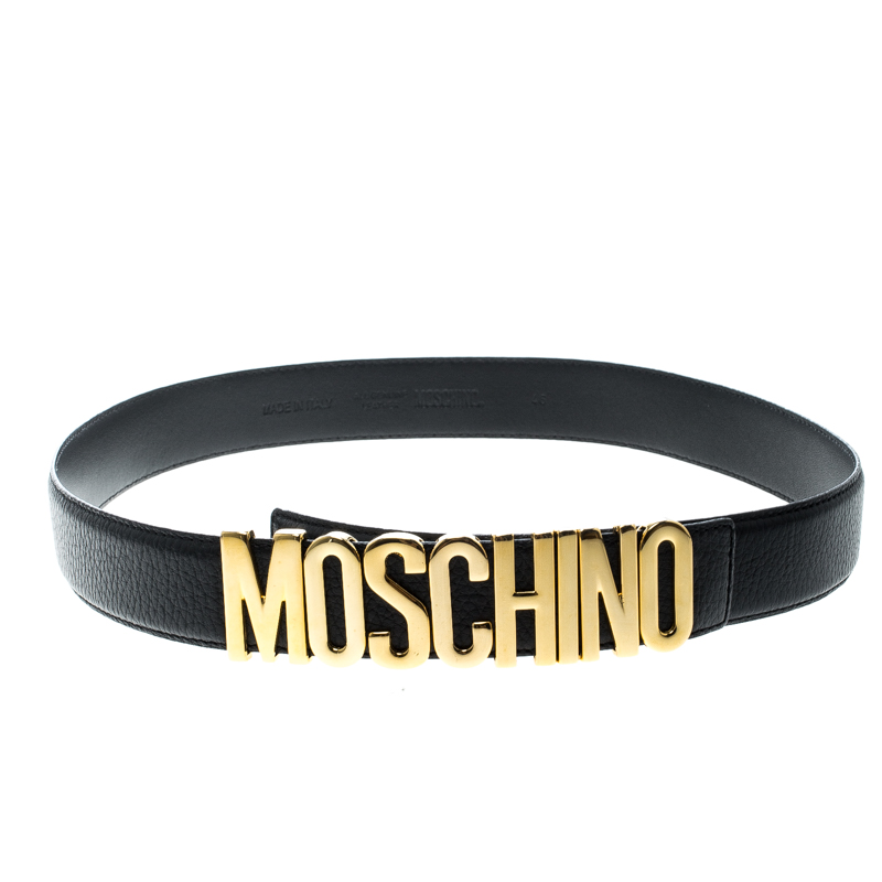 Pre Owned Moschino Black Grain Leather Logo Belt 115cm