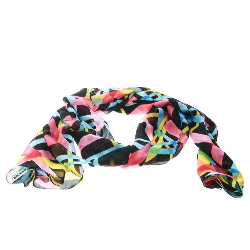 Moschino Black Sheer Silk  Multicolor Diamond Check Print Stole