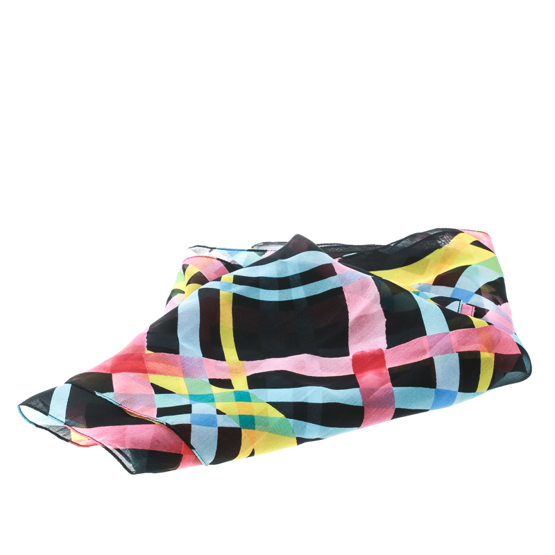 

Moschino Black Sheer Silk Multicolor Diamond Check Print Stole