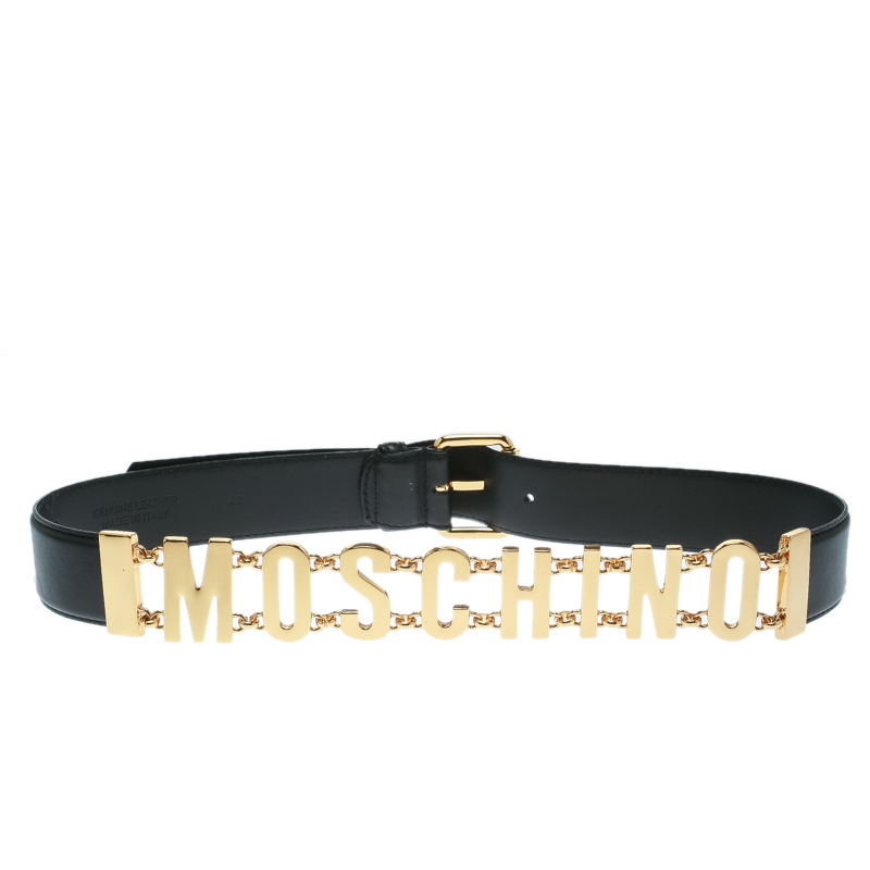 Pre Owned Moschino Black Leather Logo Chain Belt 100 CM