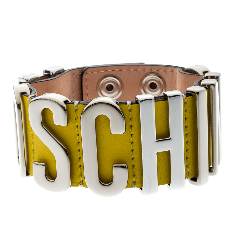 Pre Owned Moschino Silver Tone Logo Plaque Yellow Leather Cuff Bracelet