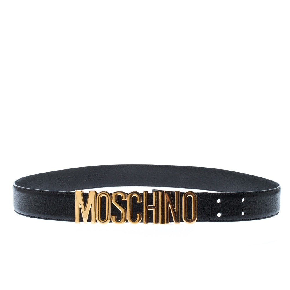 Pre Owned Moschino Black Leather Classic Logo Belt Size 110CM