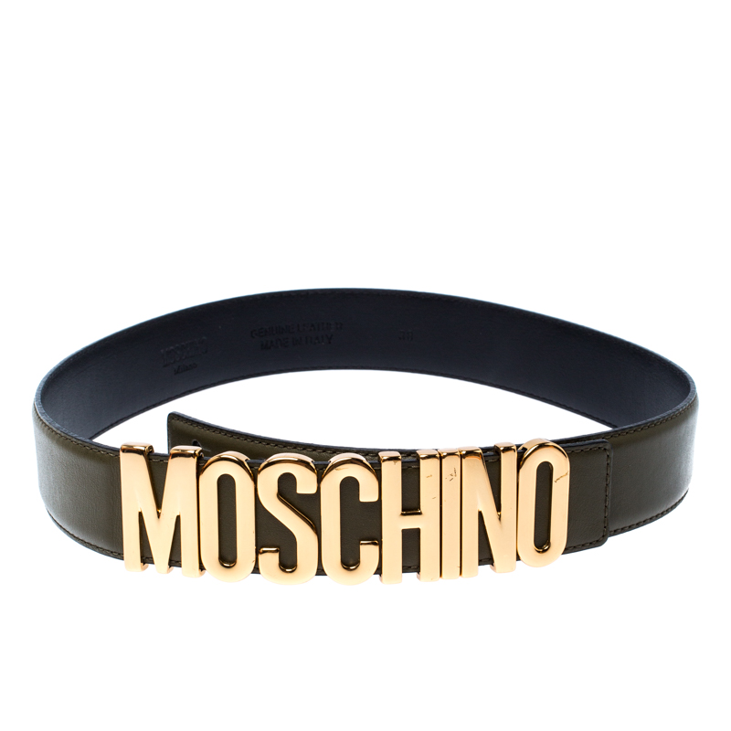 Moschino Olive Green Leather Logo Belt 85CM Moschino | The Luxury Closet