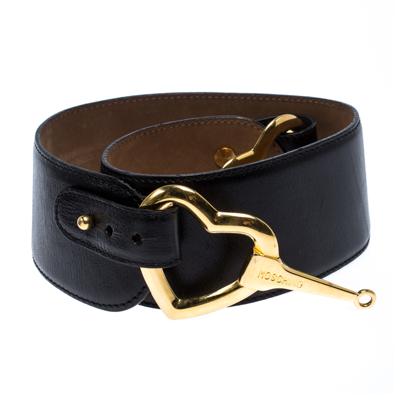 

Moschino Black Leather Heart Buckle Belt