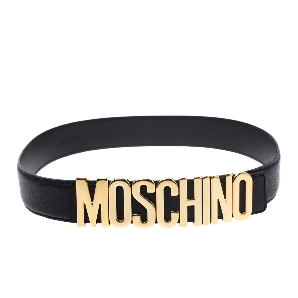 Pre Owned Moschino Black Leather Classic Logo Belt 85CM