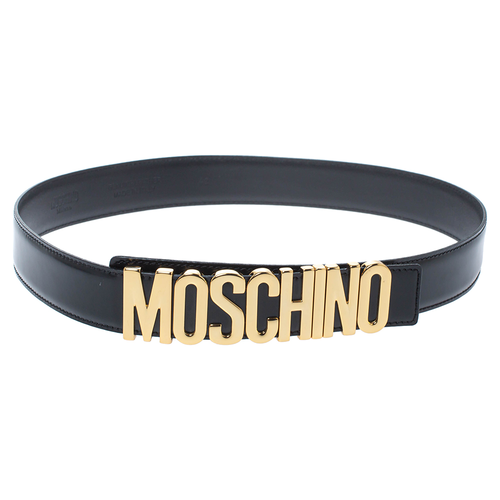 Pre Owned Moschino Black Patent Leather Redwall Logo Belt 85CM