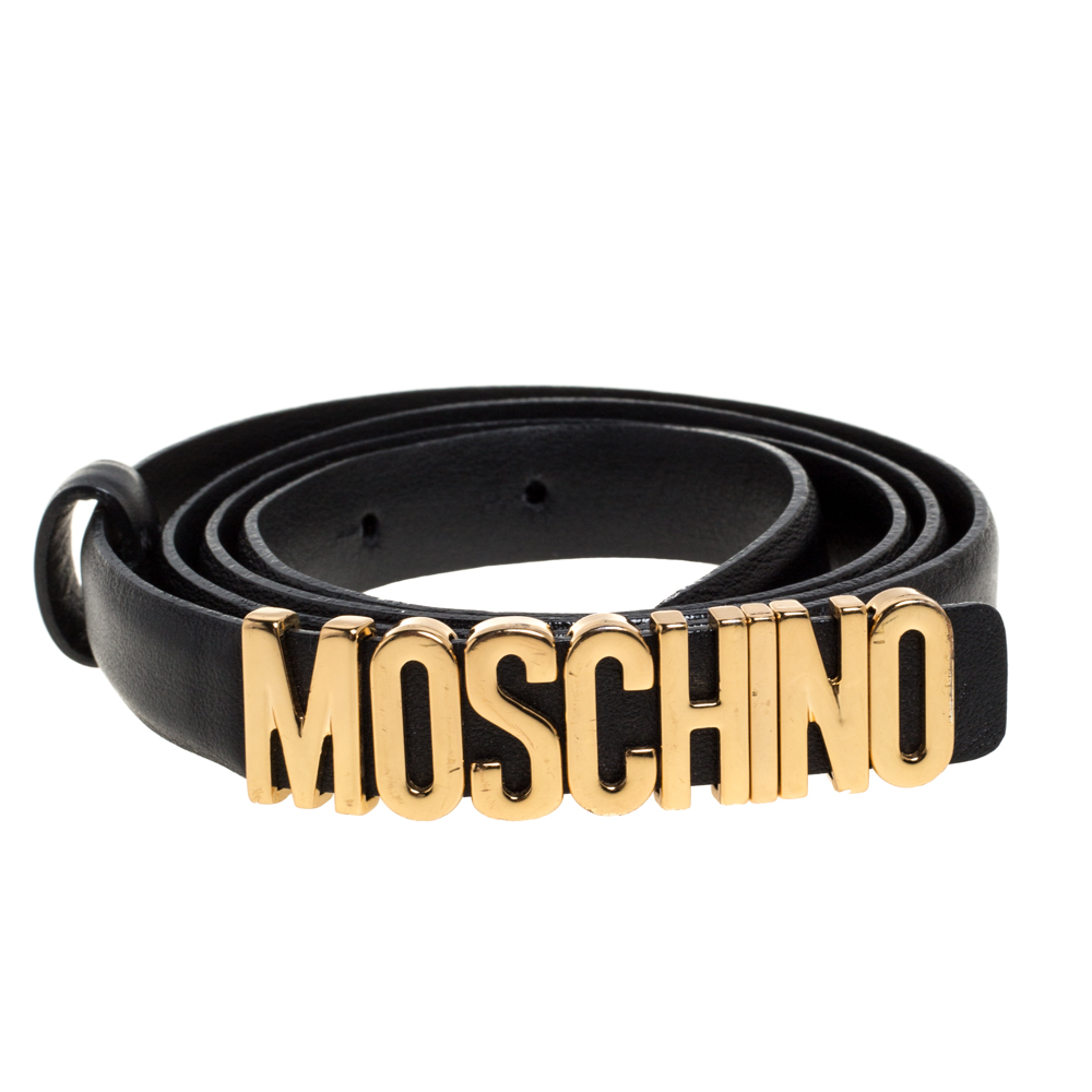 

Moschino Black Leather Logo Slim Belt