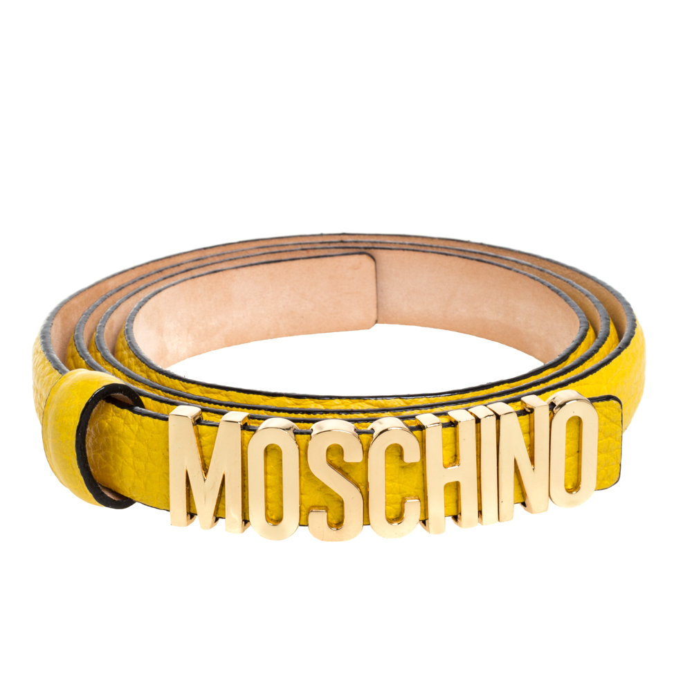 

Moschino Yellow Textured Leather Logo Slim Waist Belt