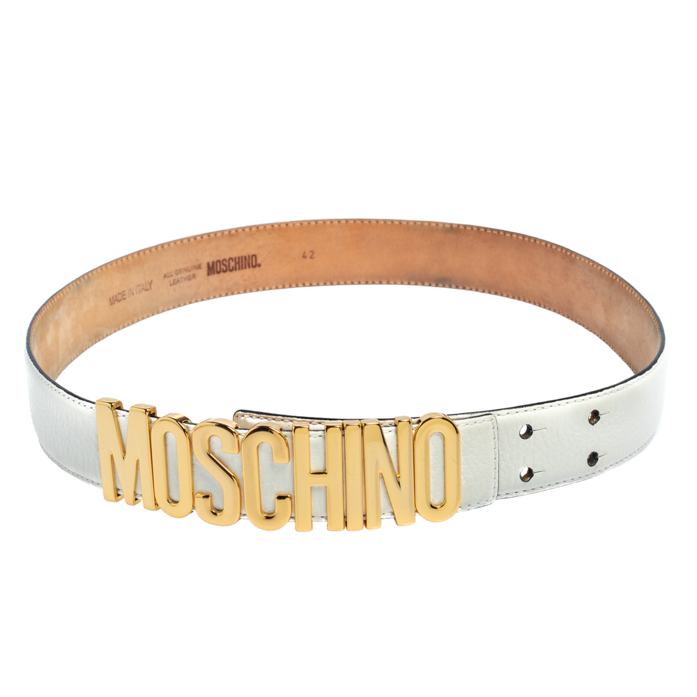 Pre-owned Moschino White Grained Leather Classic Logo Belt 85cm