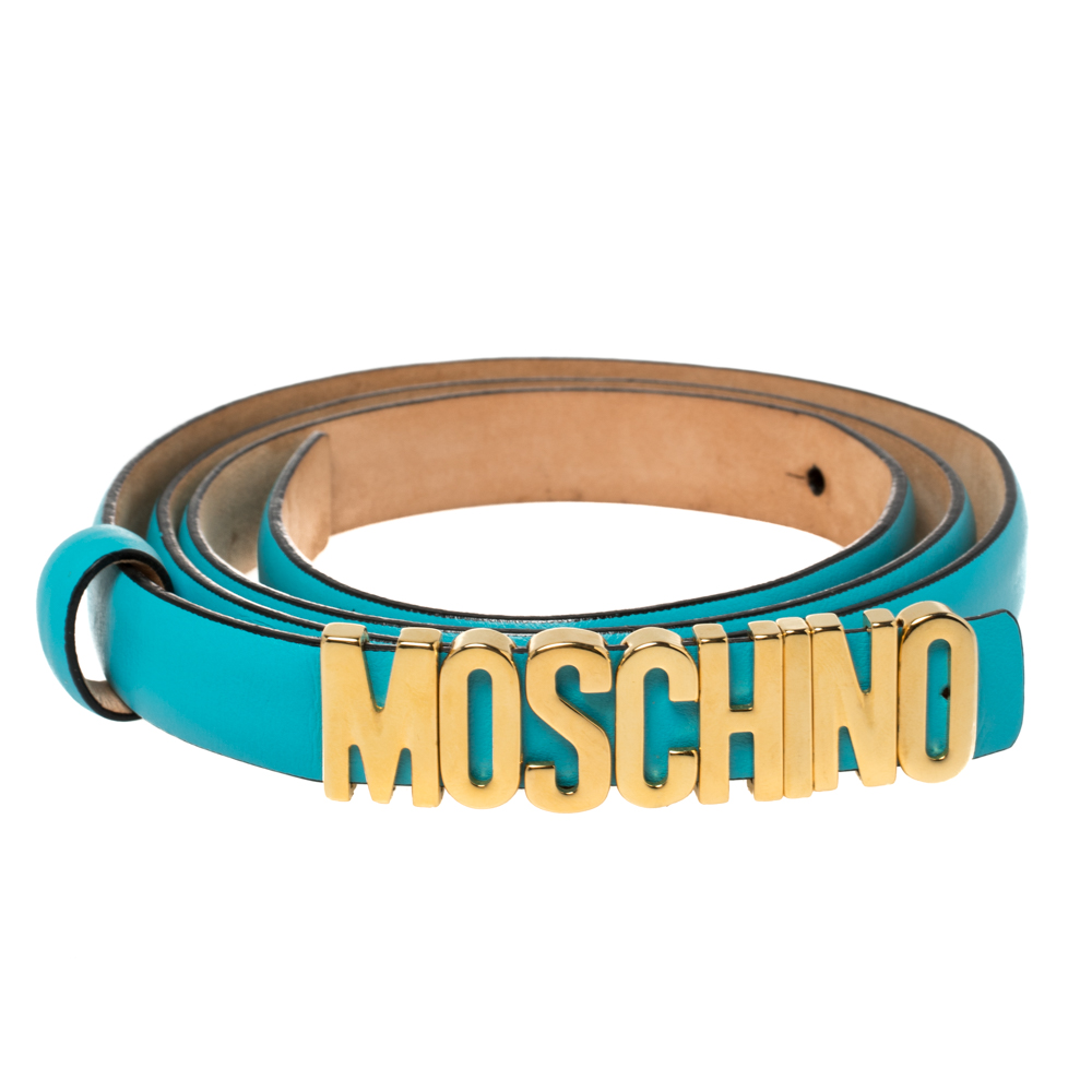 

Moschino Blue Leather Logo Slim Belt