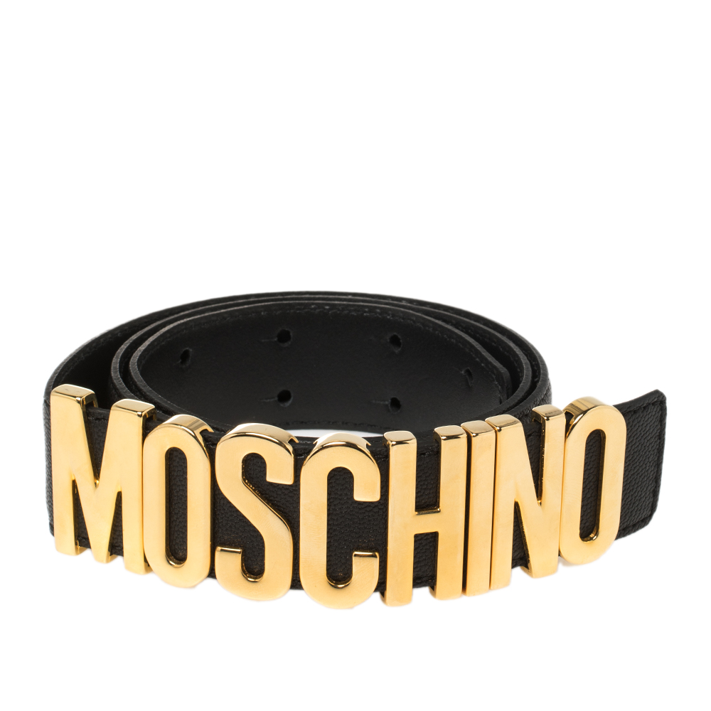 

Moschino Black Grained Leather Classic Logo Belt, Orange