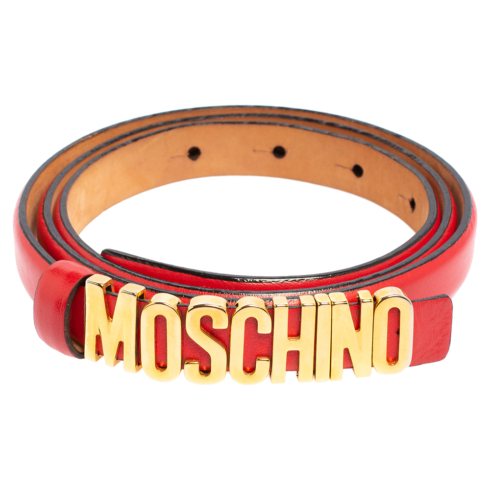 

Moschino Red Leather Classic Logo Slim Belt