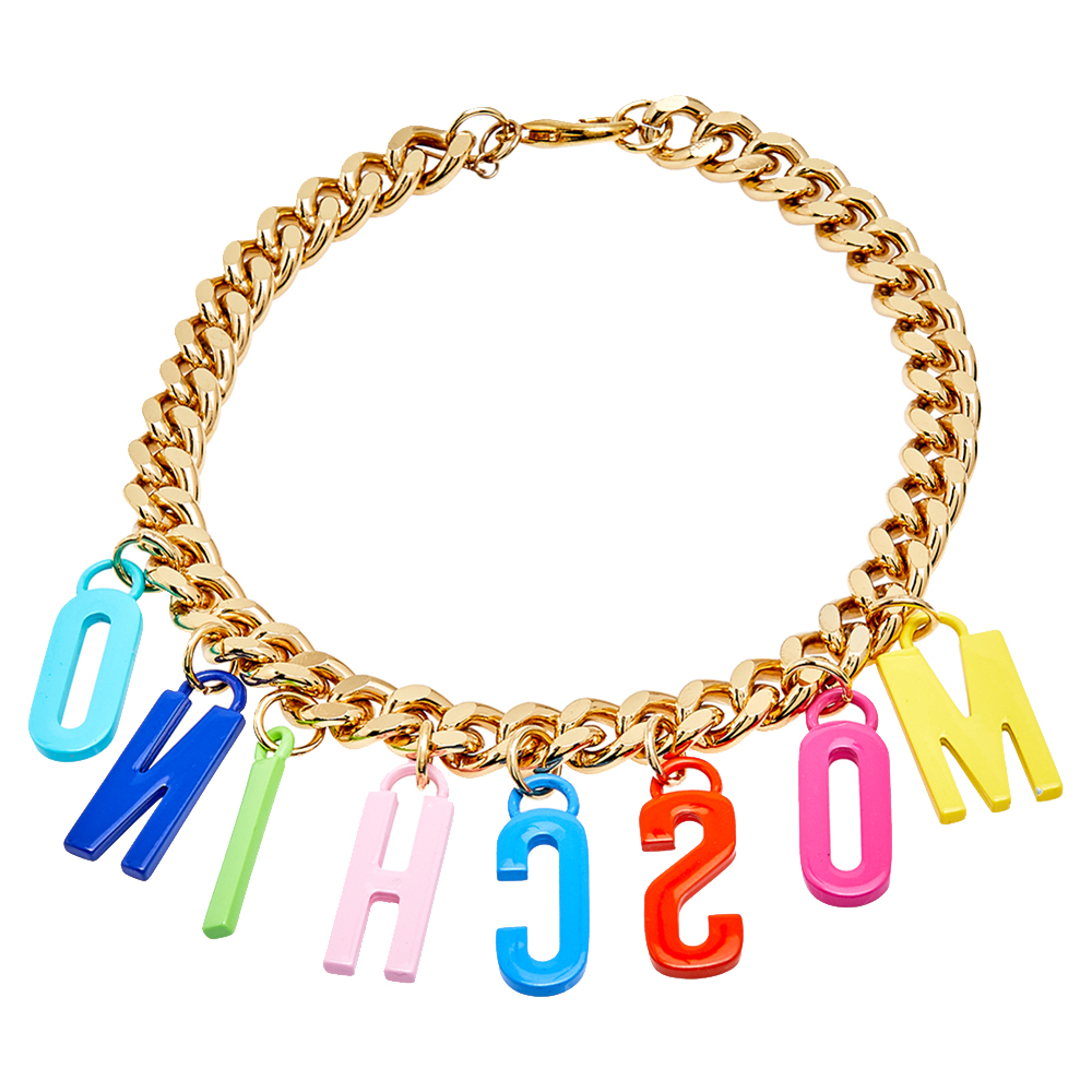 

Moschino Multicolor Enameled Logo Charms Curb Chain Necklace