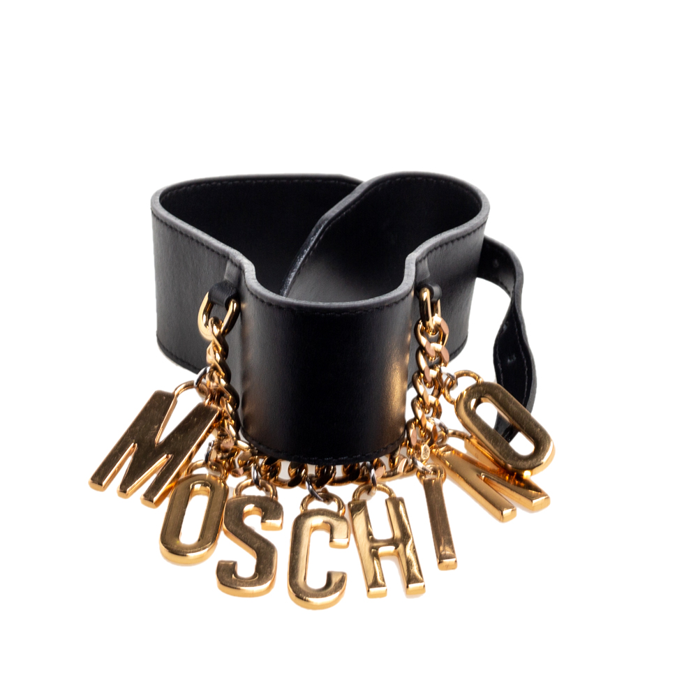 

Moschino Black Leather Logo Charm Waist Belt