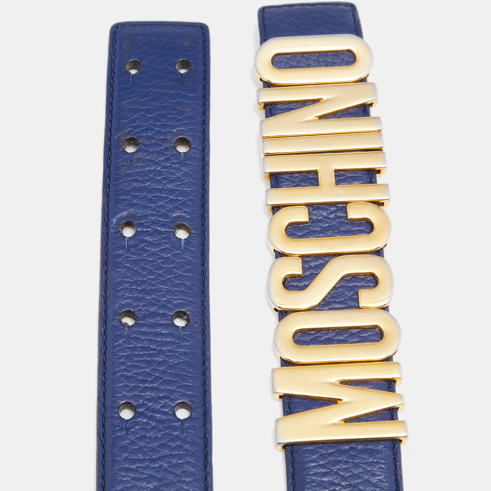 

Moschino Navy Blue Leather Classic Logo Belt