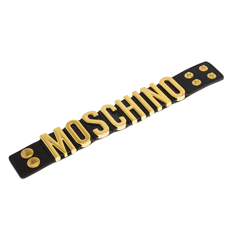 Pre Owned Moschino Logo Wide Black Leather Gold Tone Bracelet M
