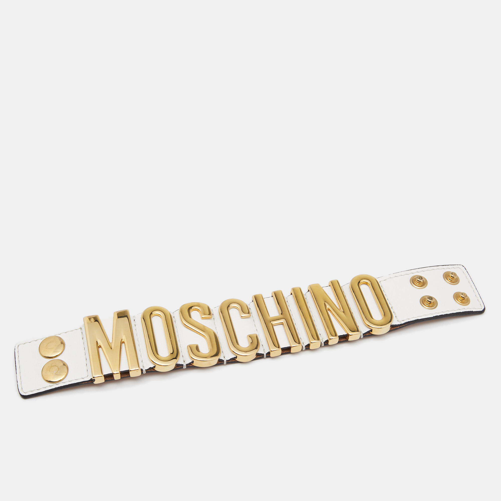 

Moschino Logo Plaque White Leather Cuff Bracelet