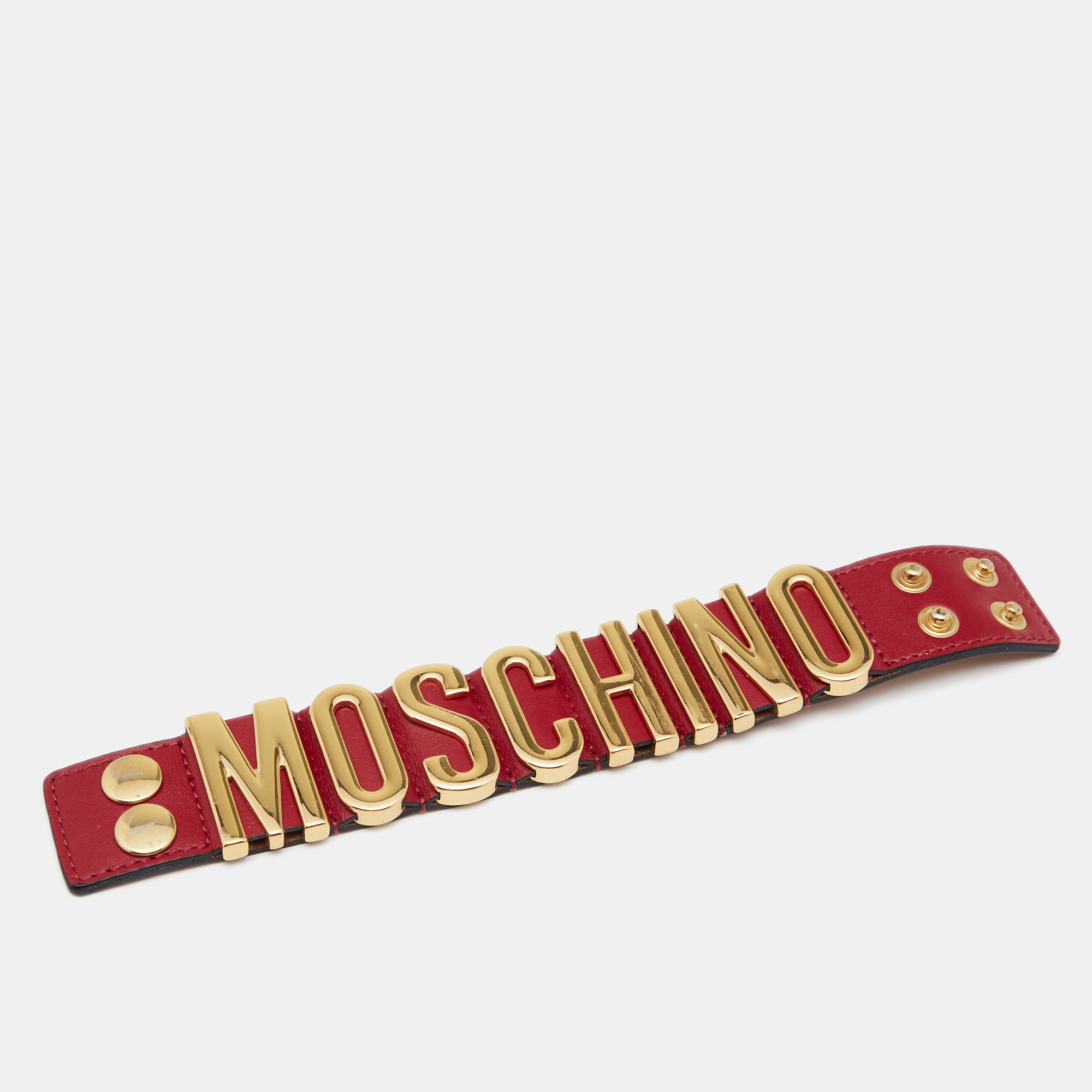 

Moschino Logo Plaque Red Leather Gold Tone Metal Cuff Bracelet