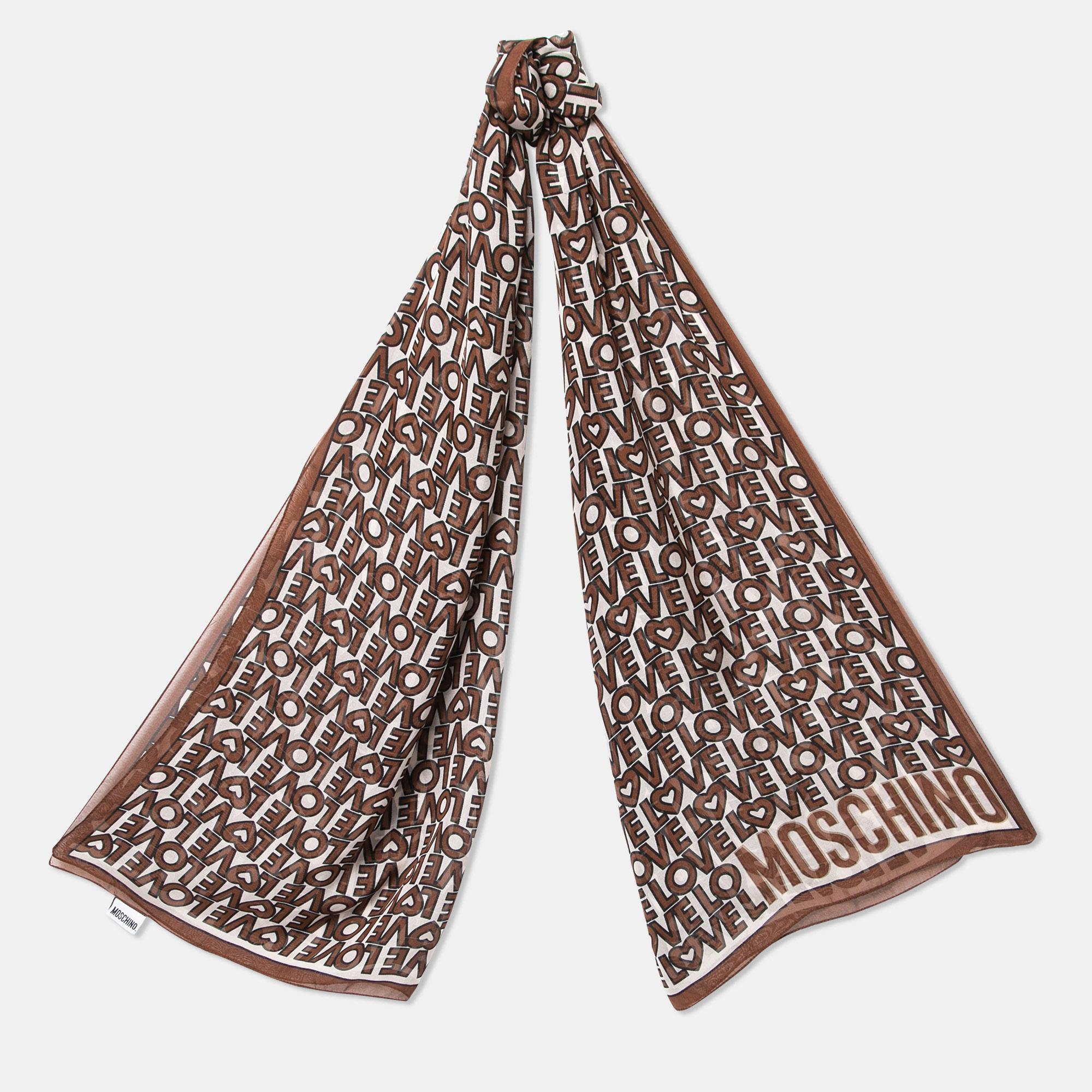 

Moschino Brown Love Print Silk Scarf
