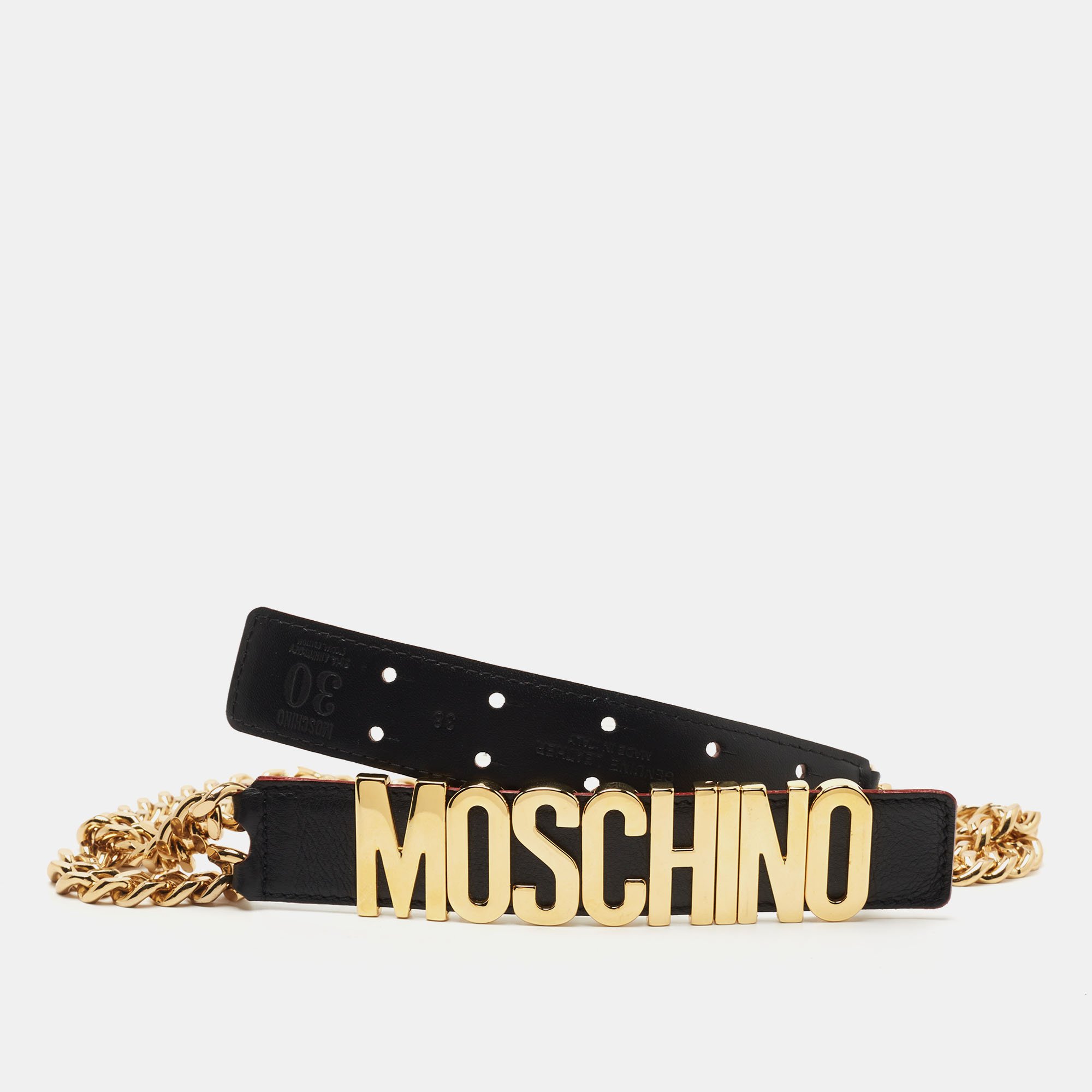 Pre Owned Moschino Black Leather 30th Anniversary Chain Belt 80CM