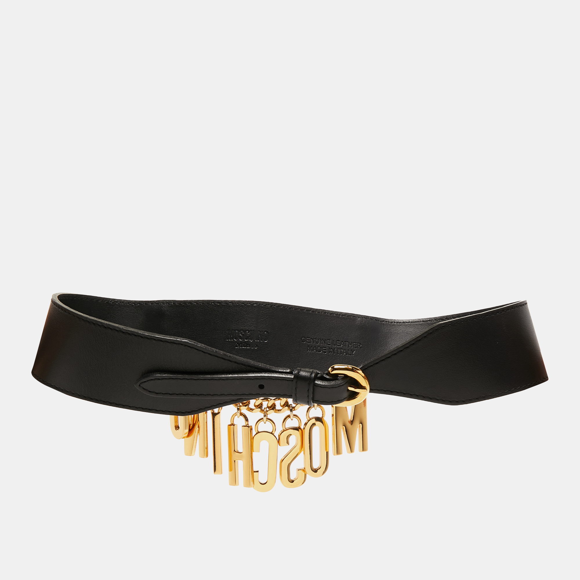 

Moschino Black Leather Logo Charm Waist Belt