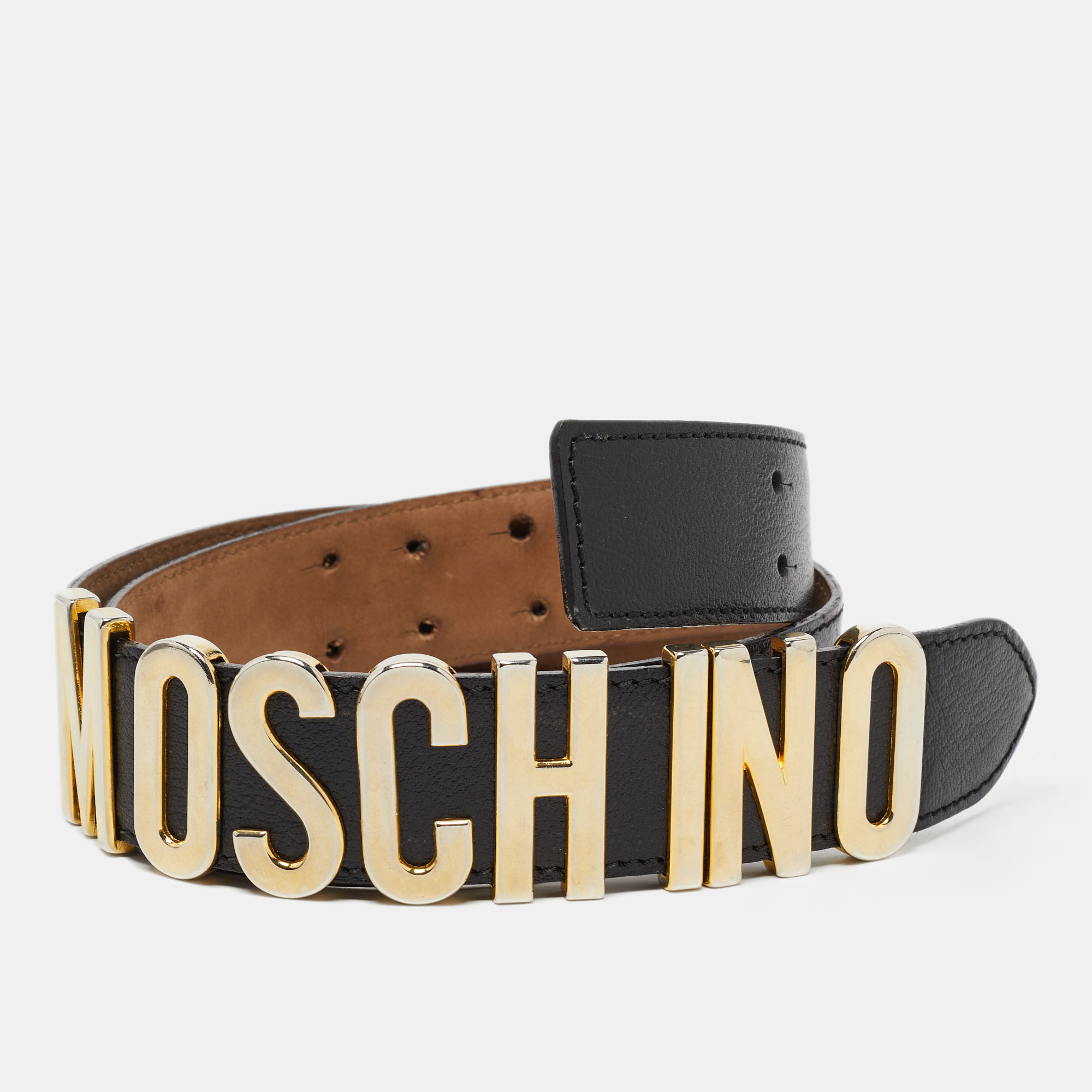 Pre Owned Moschino Black Leather Classic Logo Waist Belt 