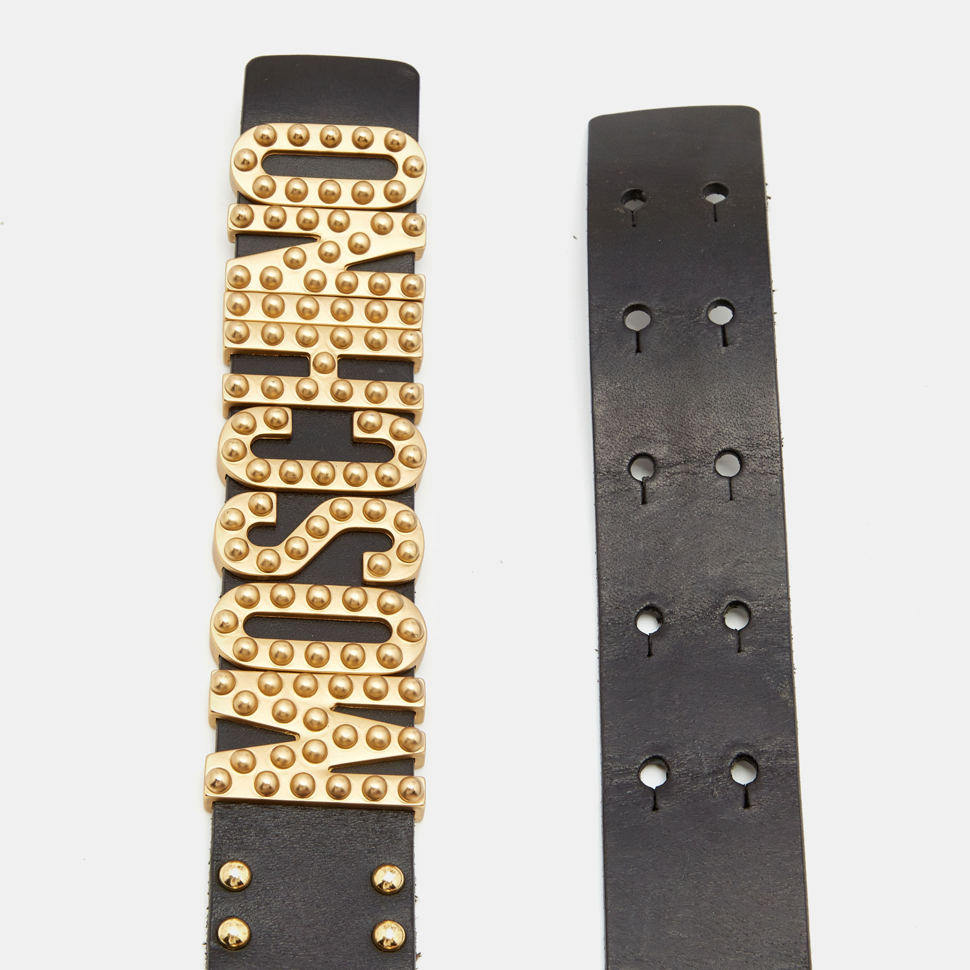 

Moschino Black Leather Studded Classic Logo Waist Belt