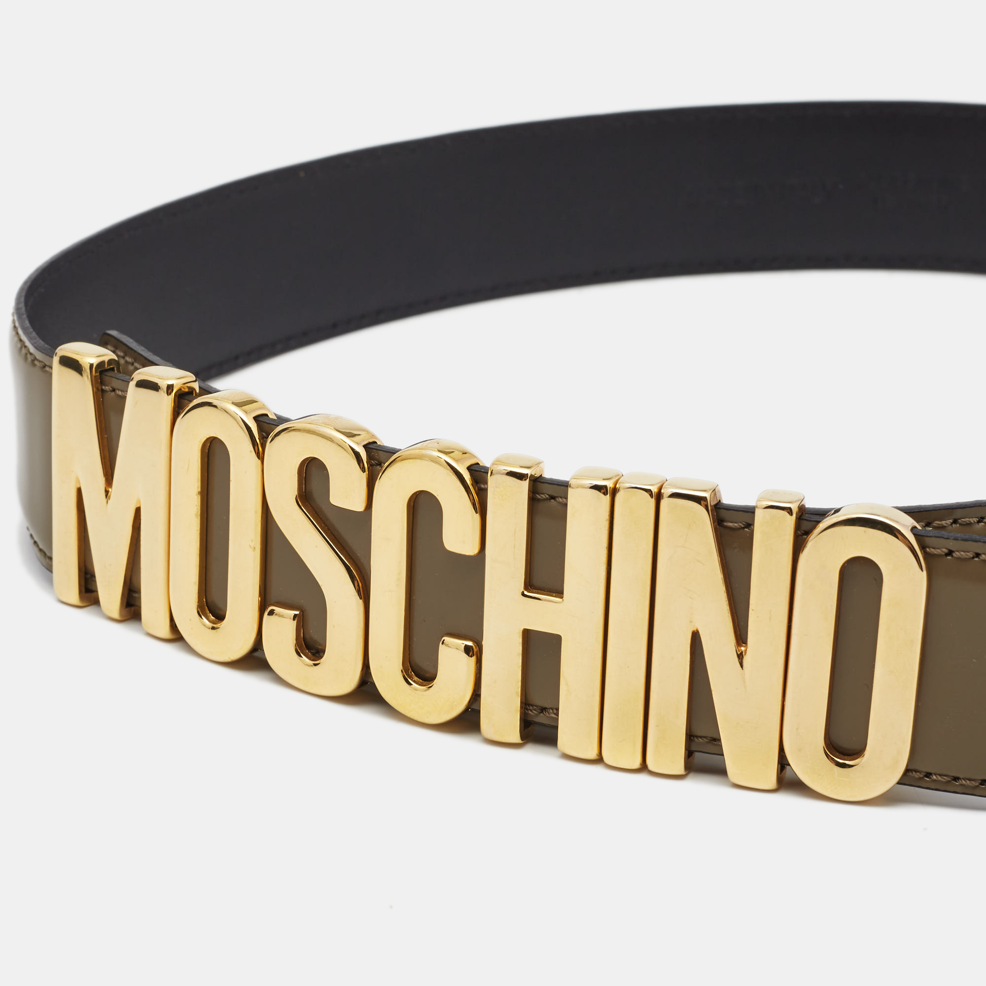 

Moschino Olive Green Glossy Leather Classic Logo Belt
