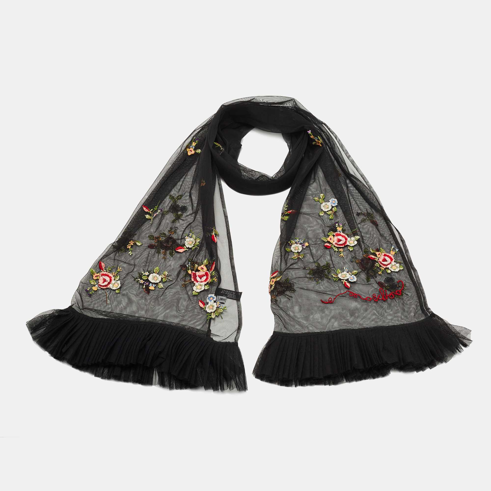 

Moschino Black Floral Embroidered Mesh Ruffled Stole