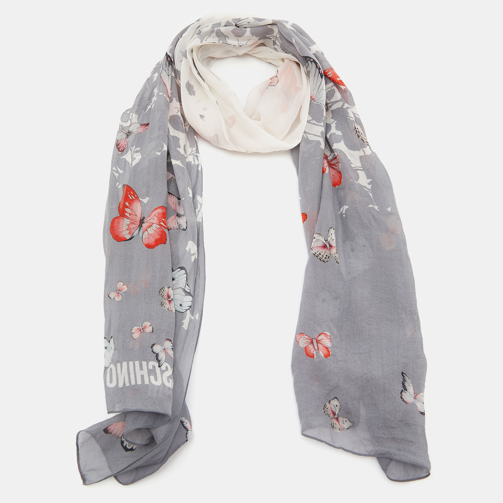 

Moschino Grey & White Butterfly Printed Silk Scarf