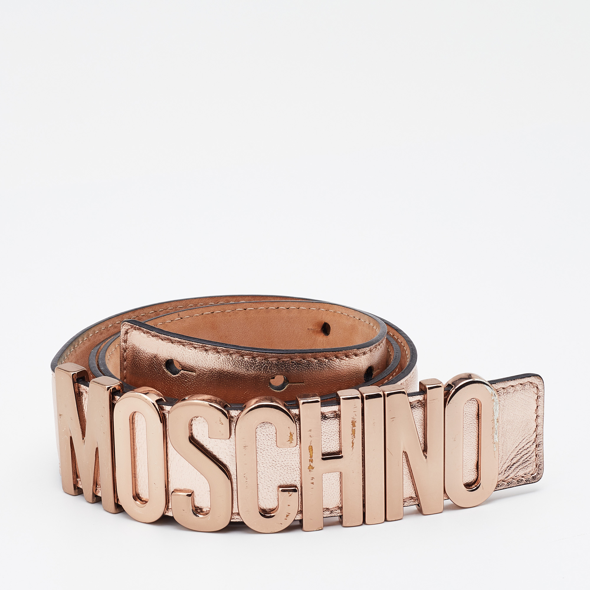 Pre-owned Moschino Rose Gold Leather Classic Logo Belt 90cm