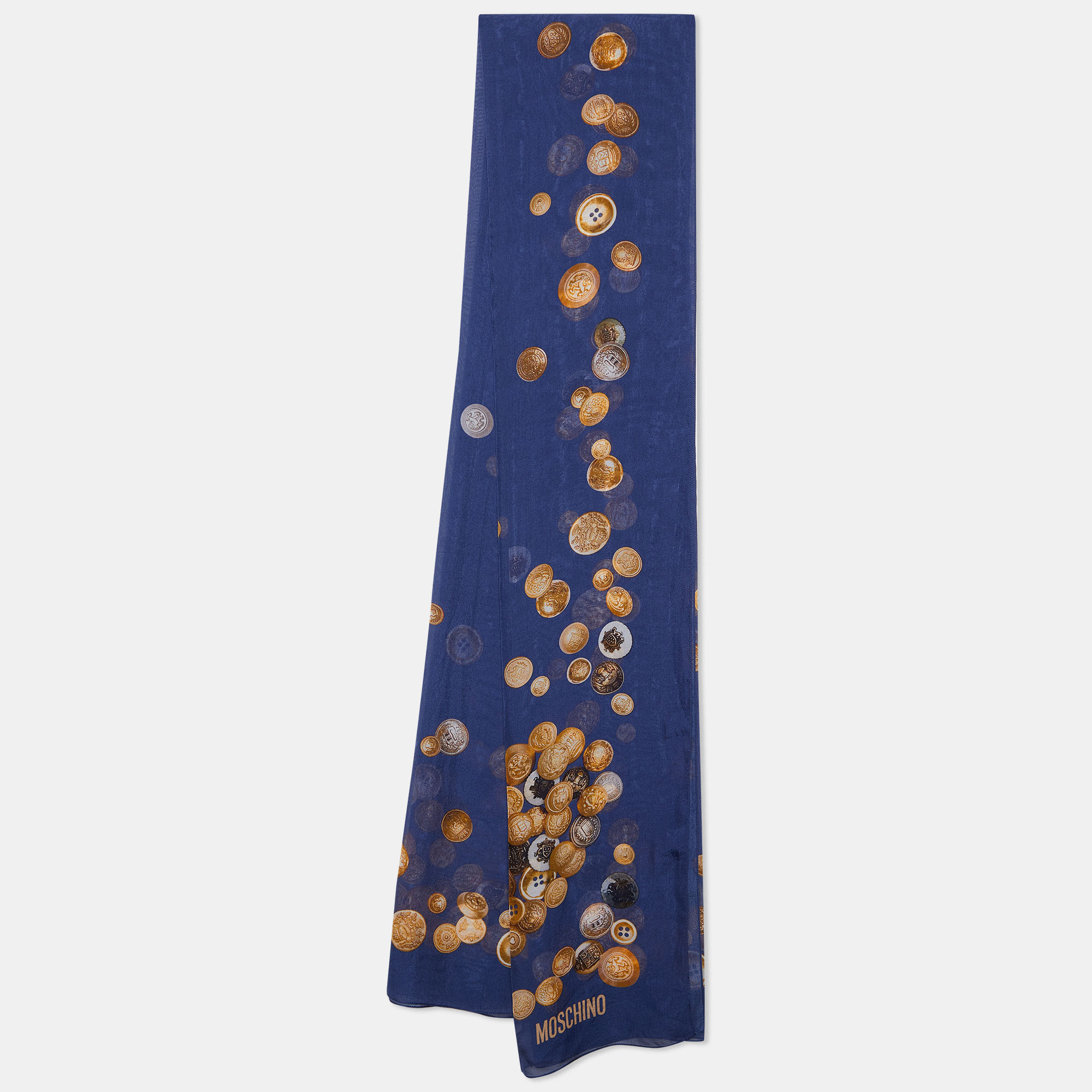 Pre-owned Moschino Navy Blue Coin Printed Silk Scarf