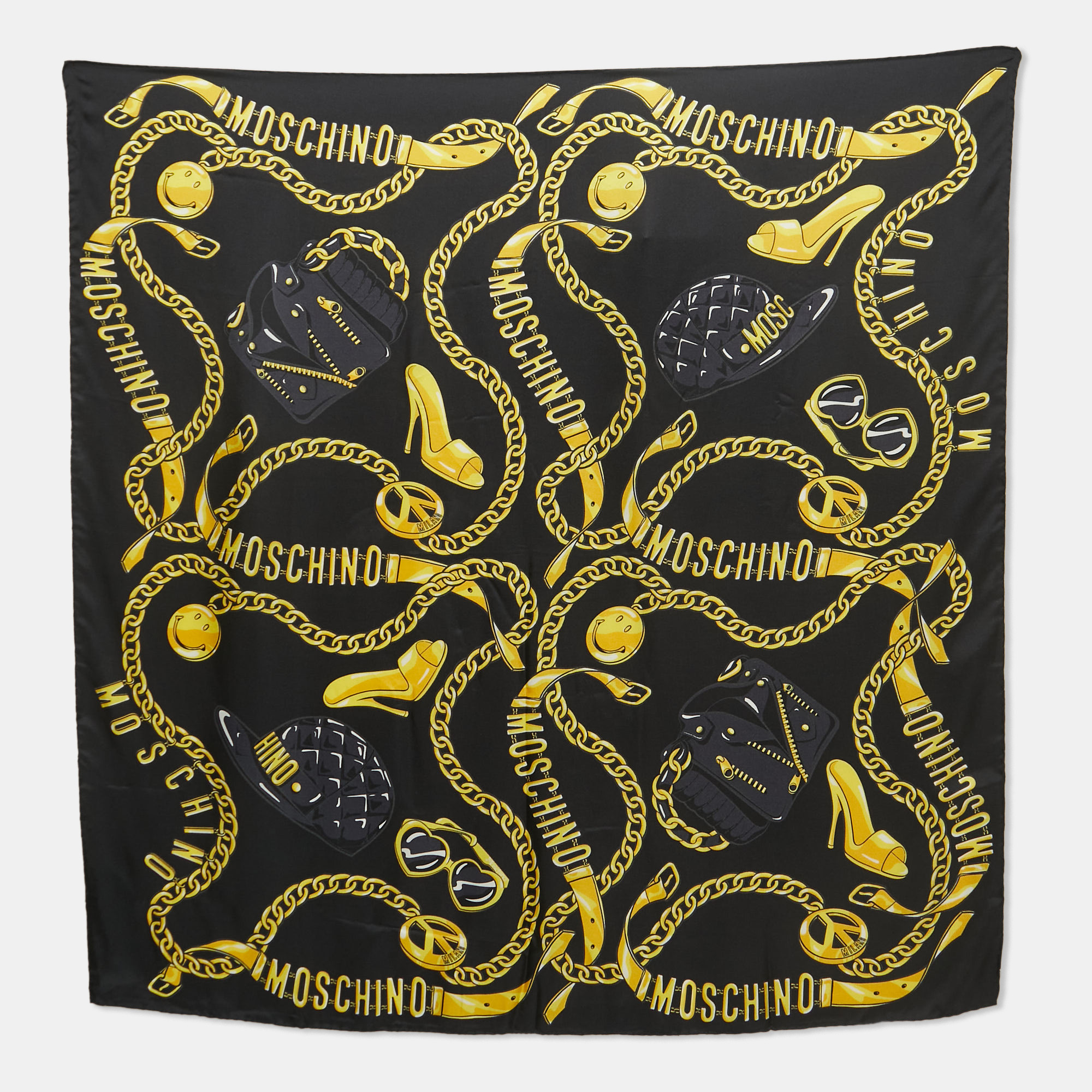 Pre-owned Moschino Black Chain Printed Silk Square Scarf