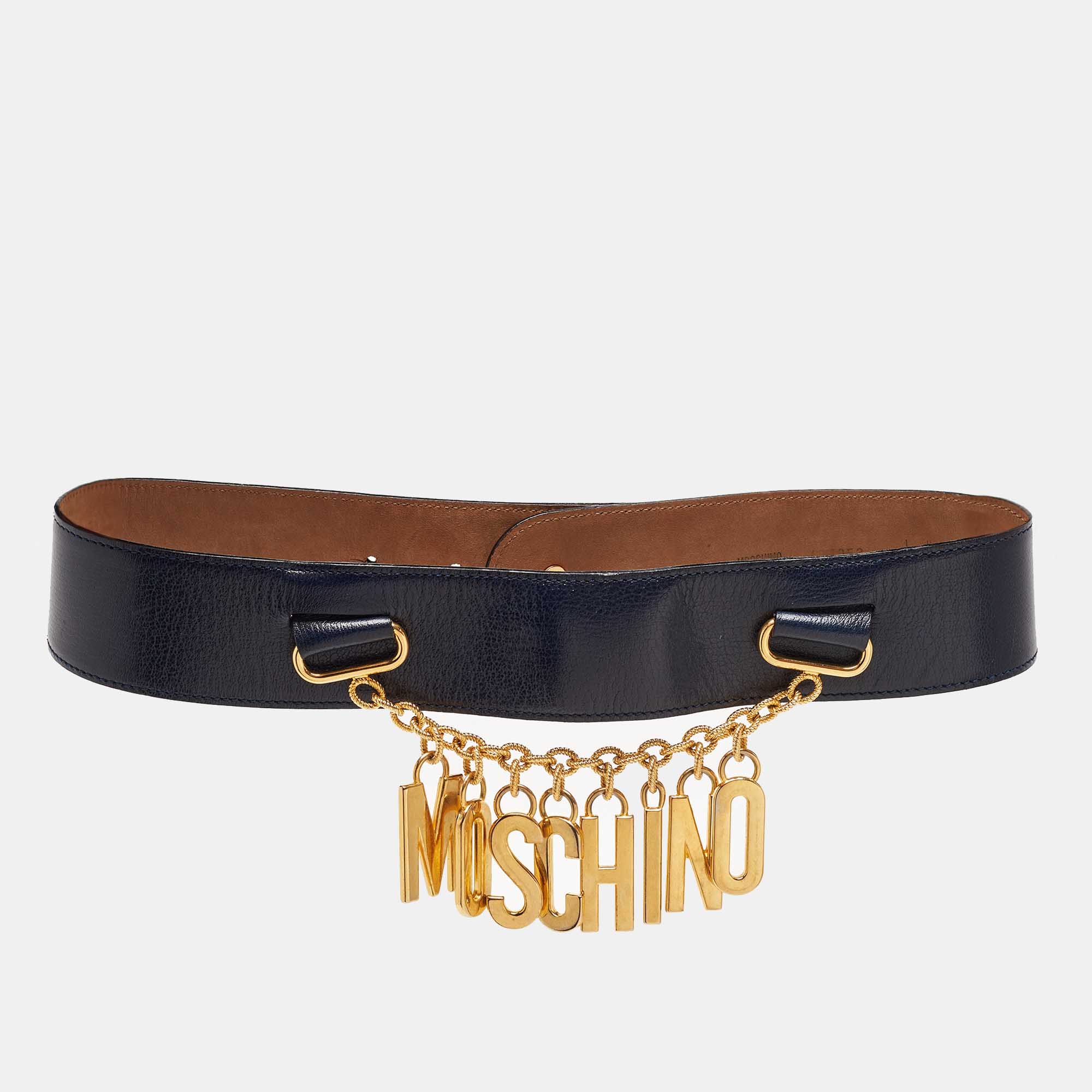 Pre-owned Moschino Blue Leather Logo Charm Waist Belt 70cm