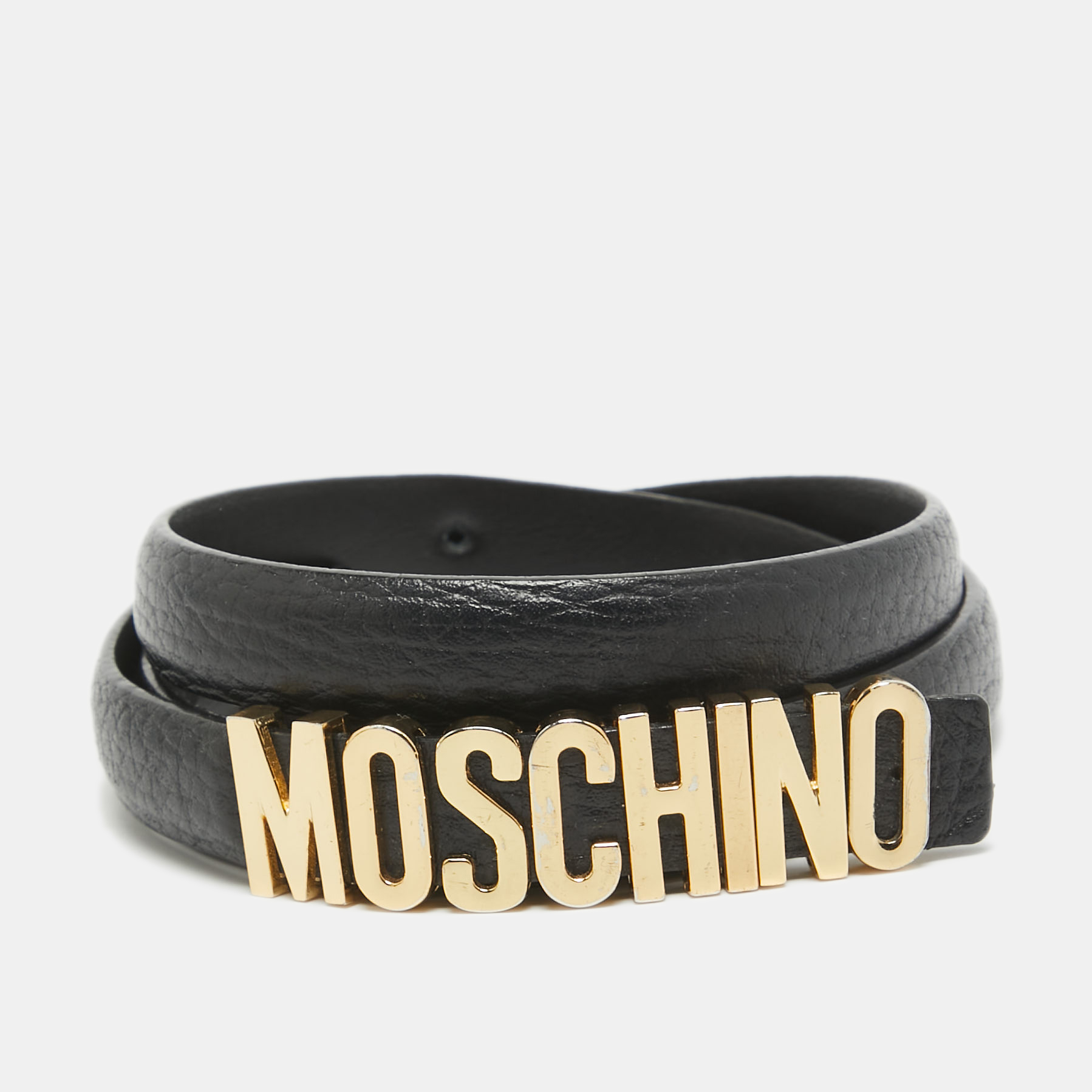 Pre-owned Moschino Black Leather Logo Slim Waist Belt 85cm
