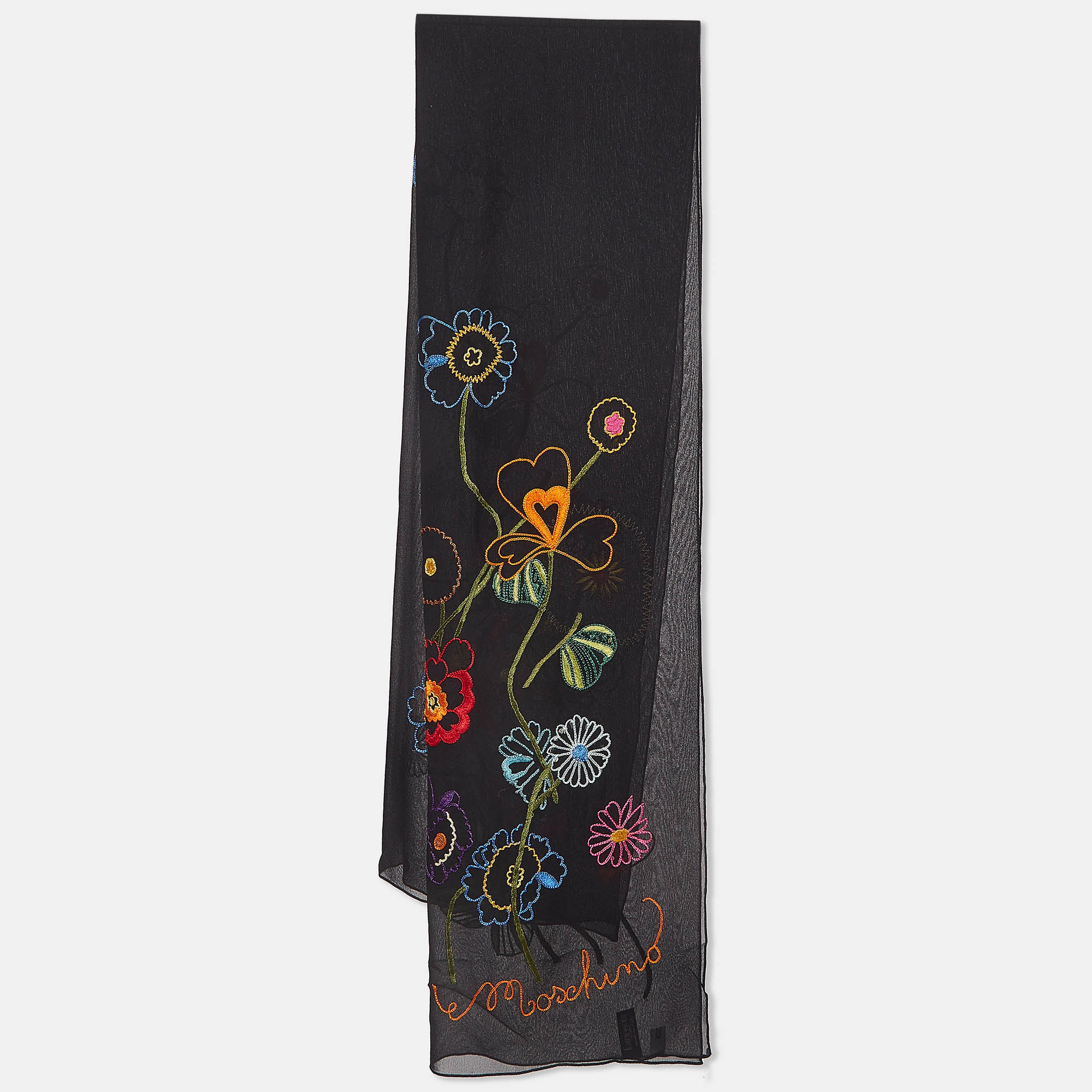

Moschino Larioseta Floral Embroidery Silk Scarf, Black