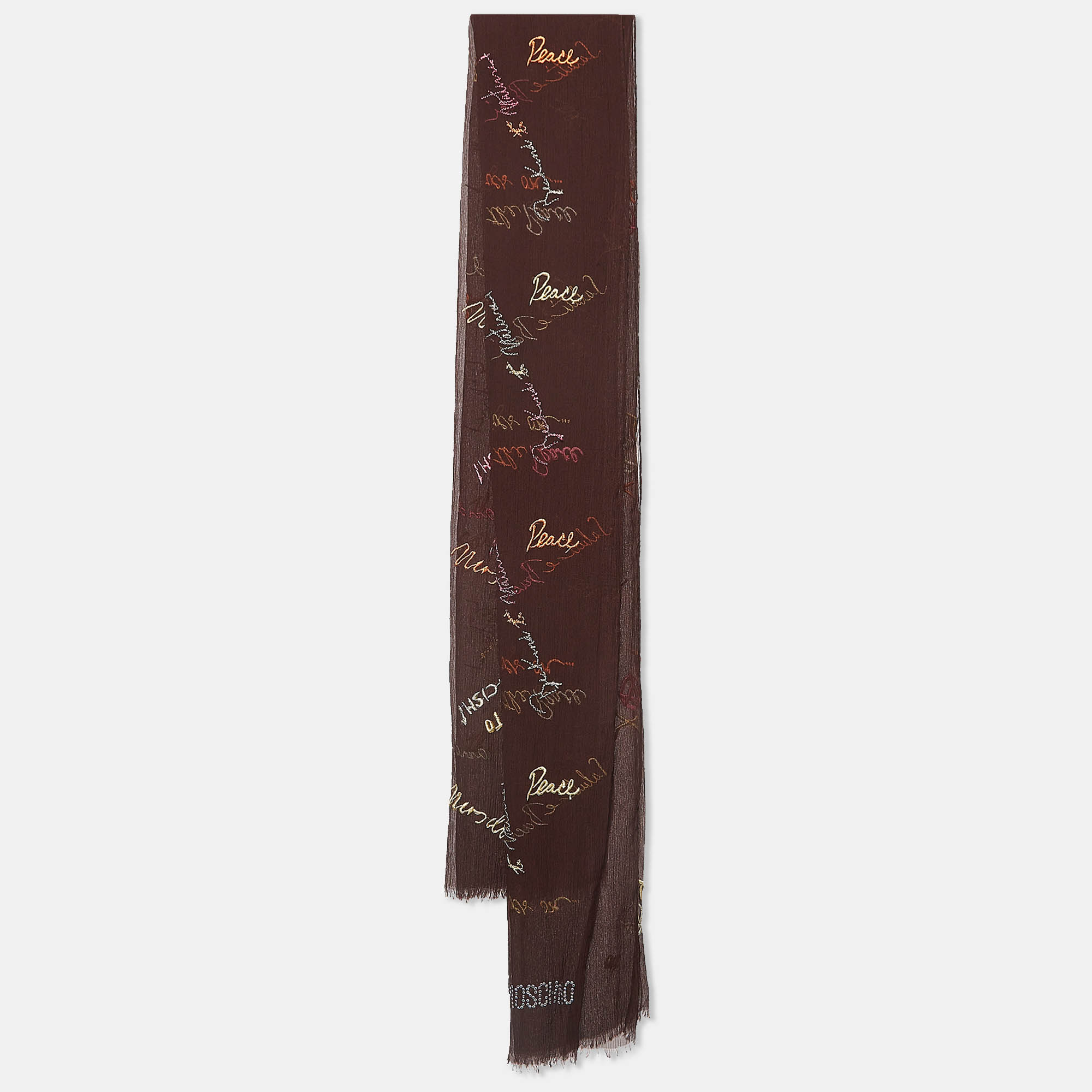 Pre-owned Moschino Larioseta Brown Text Embroidery Silk Blend Scarf
