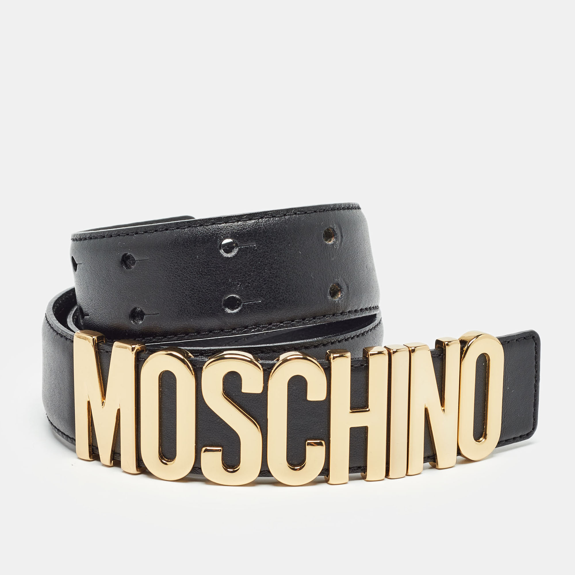 

Moschino Black Leather Classic Logo Wait Belt