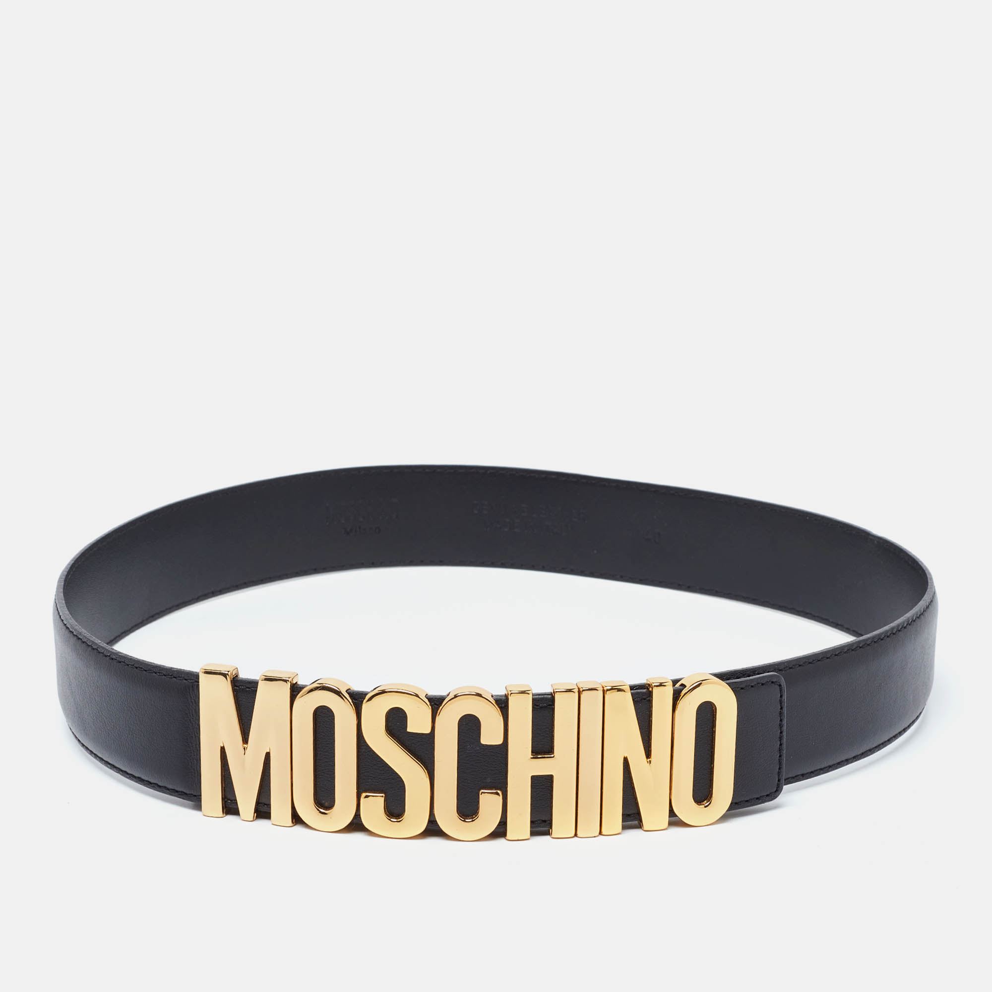 

Moschino Black Leather Classic Logo Wait Belt Size