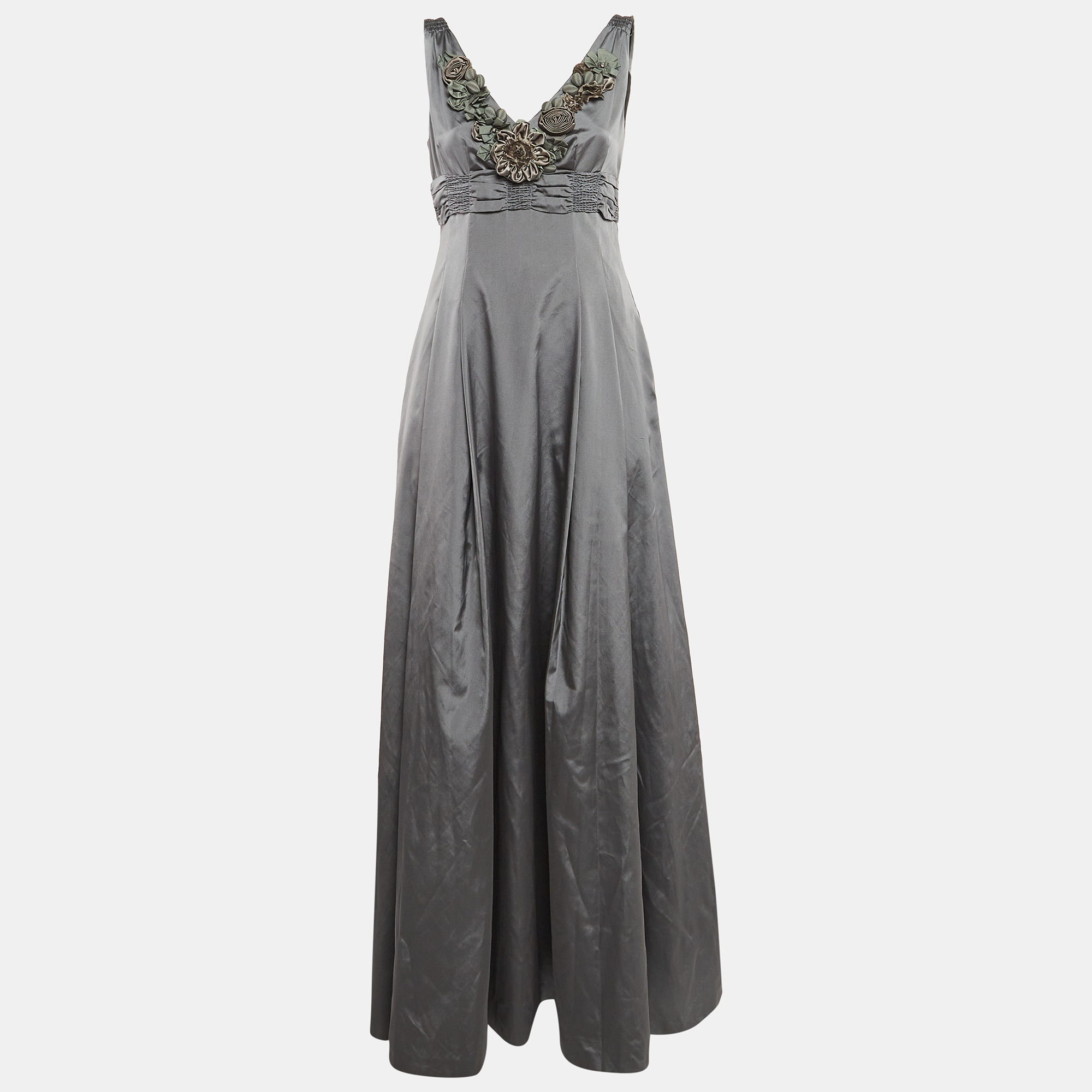 

Moschino Vintage Grey Floral Detail Neck Silk Blend Pleated Gown M