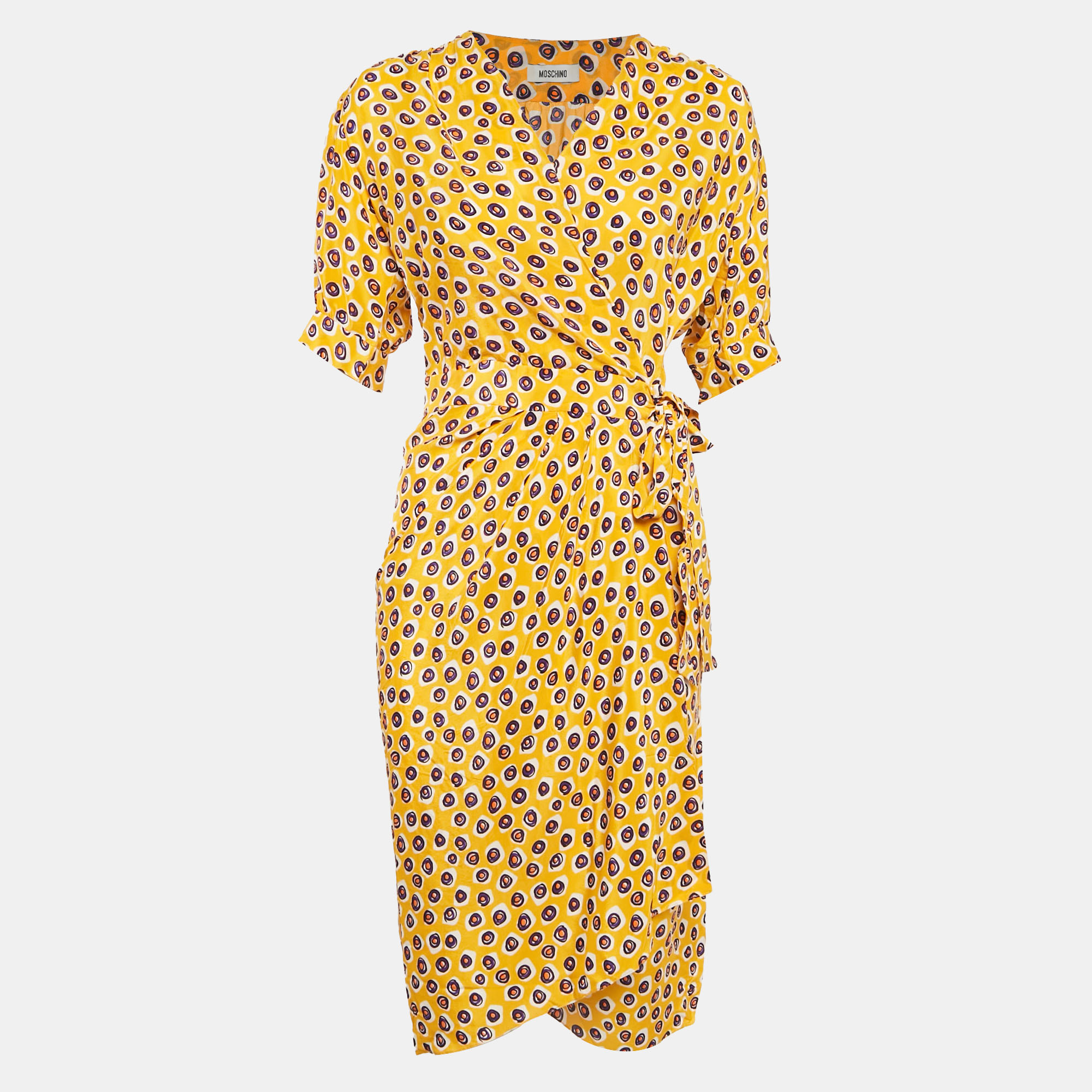 

Moschino Yellow Printed Crepe Faux Wrap Midi Dress M