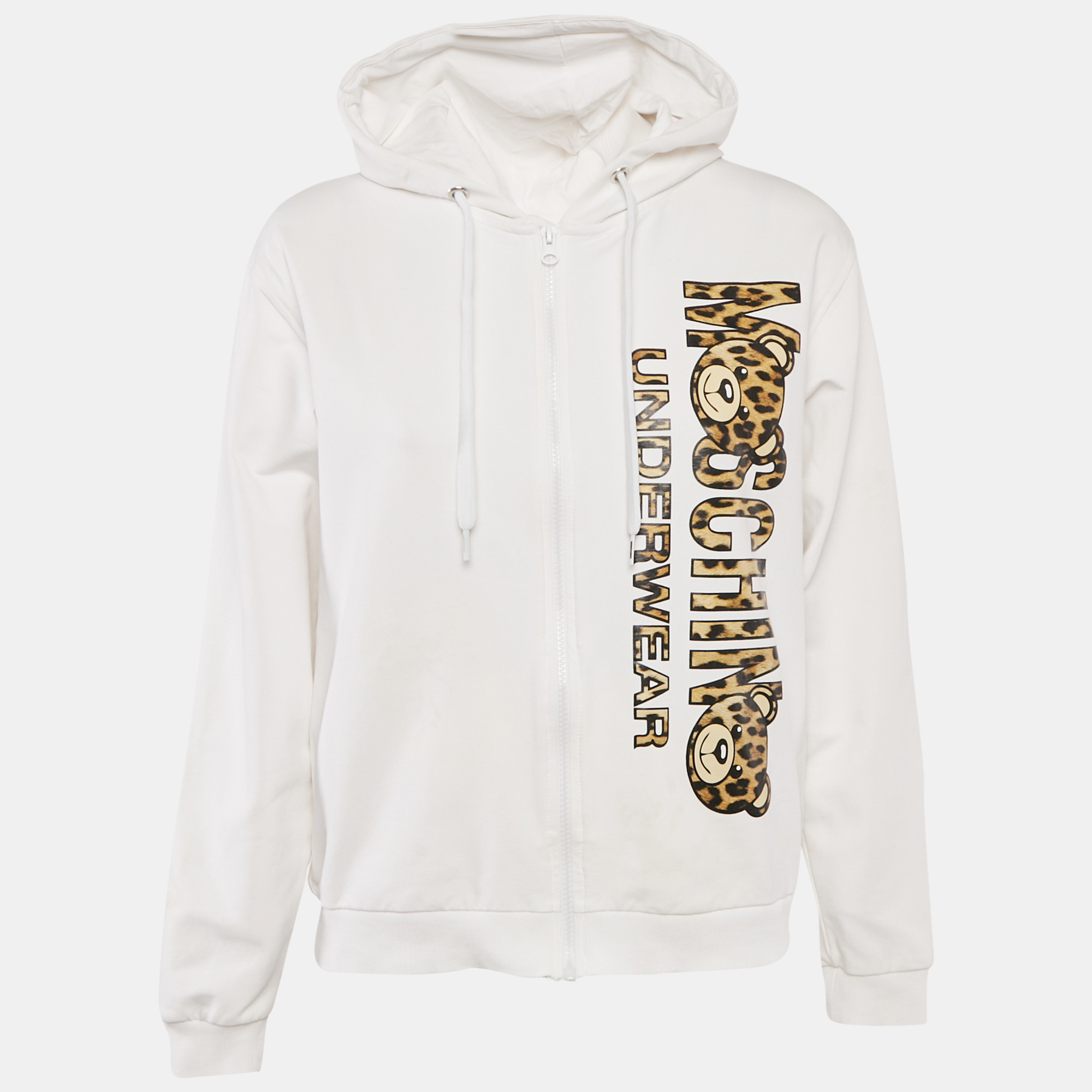 

Moschino White Logo Print Cotton Knit Zip-Up Hoodie Jacket XL