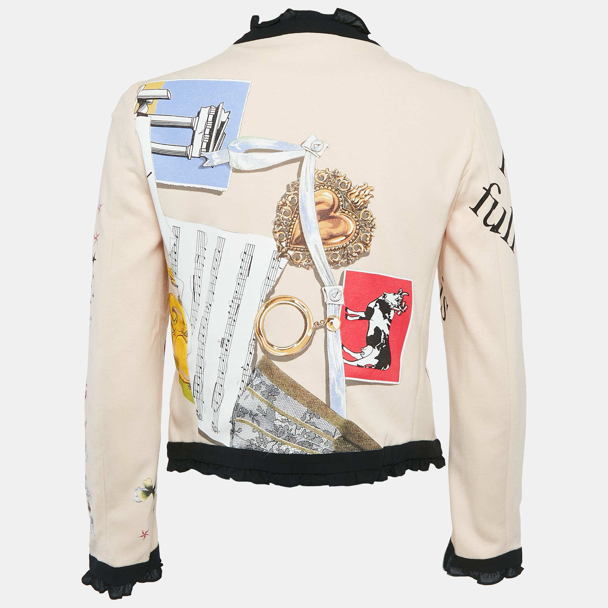 Moschino Multicolor Printed Cotton Zip-Up Ruffle Detail Cardigan S 