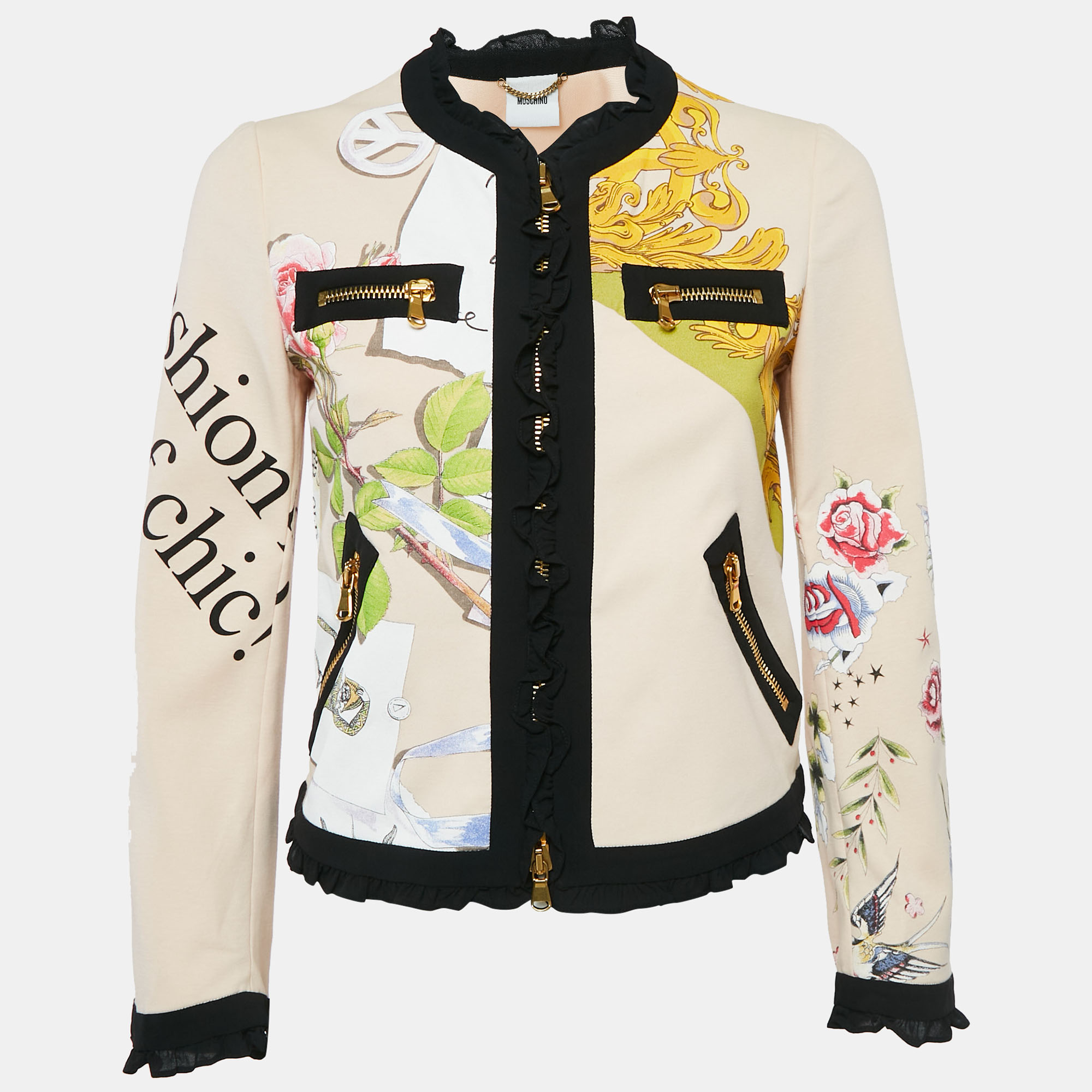 

Moschino Multicolor Printed Cotton Zip-Up Ruffle Detail Cardigan S