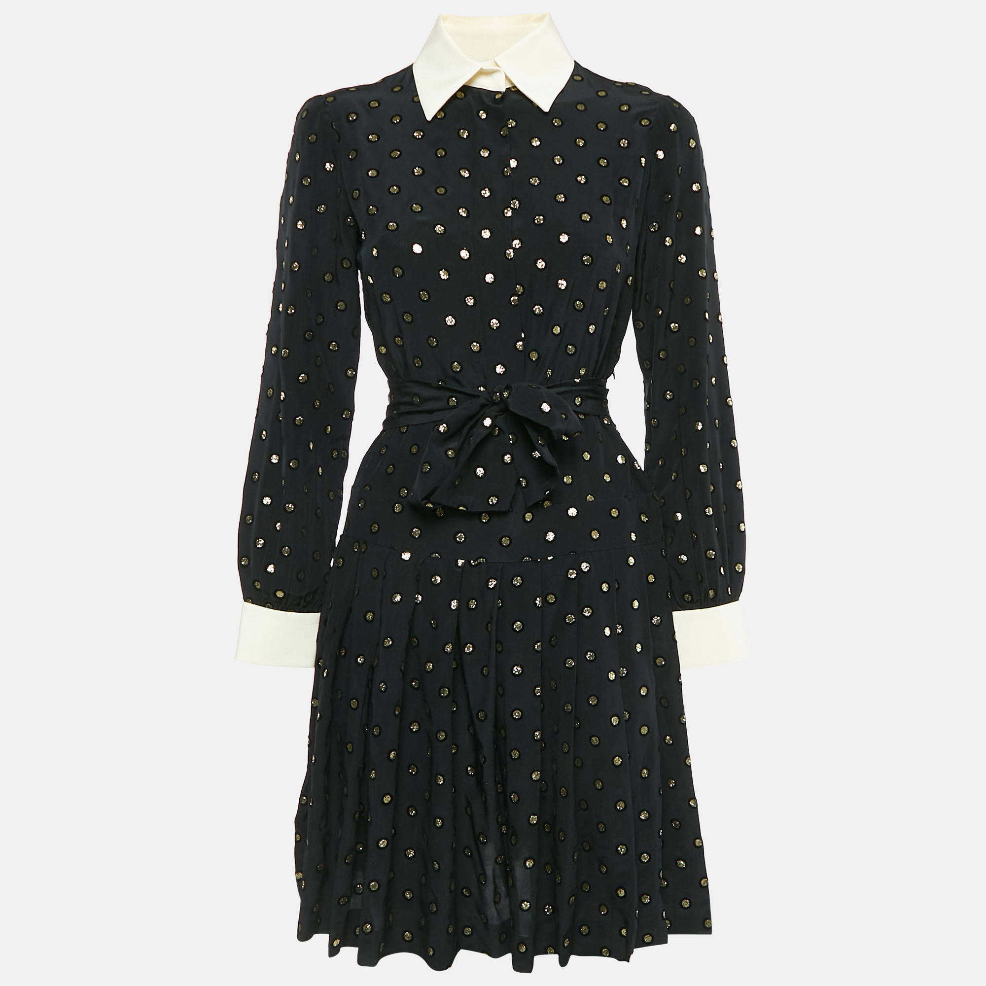 

Moschino Black Polka Dot Print Silk Pleated Short Dress S