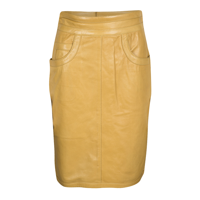 Pre Owned Moschino Mustard High Waist Leather Skirt M