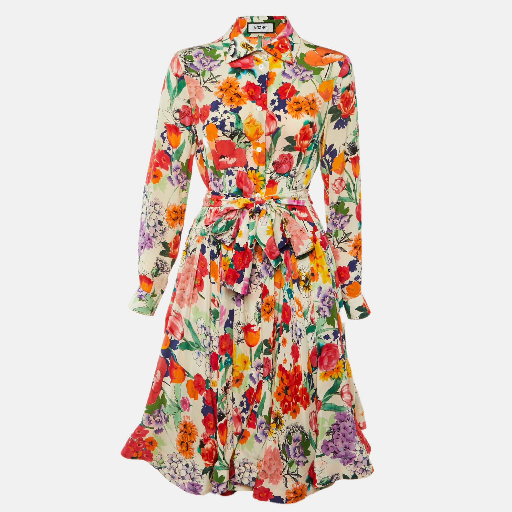 Moschino Multicolor Floral Print Silk Button Front Flared Dress M
