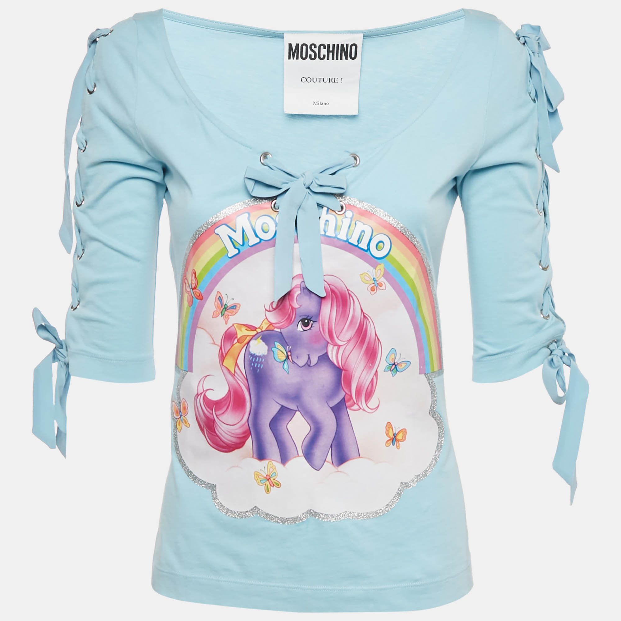 

Moschino Couture Blue My Little Pony Print Jersey Lace-Up Top S